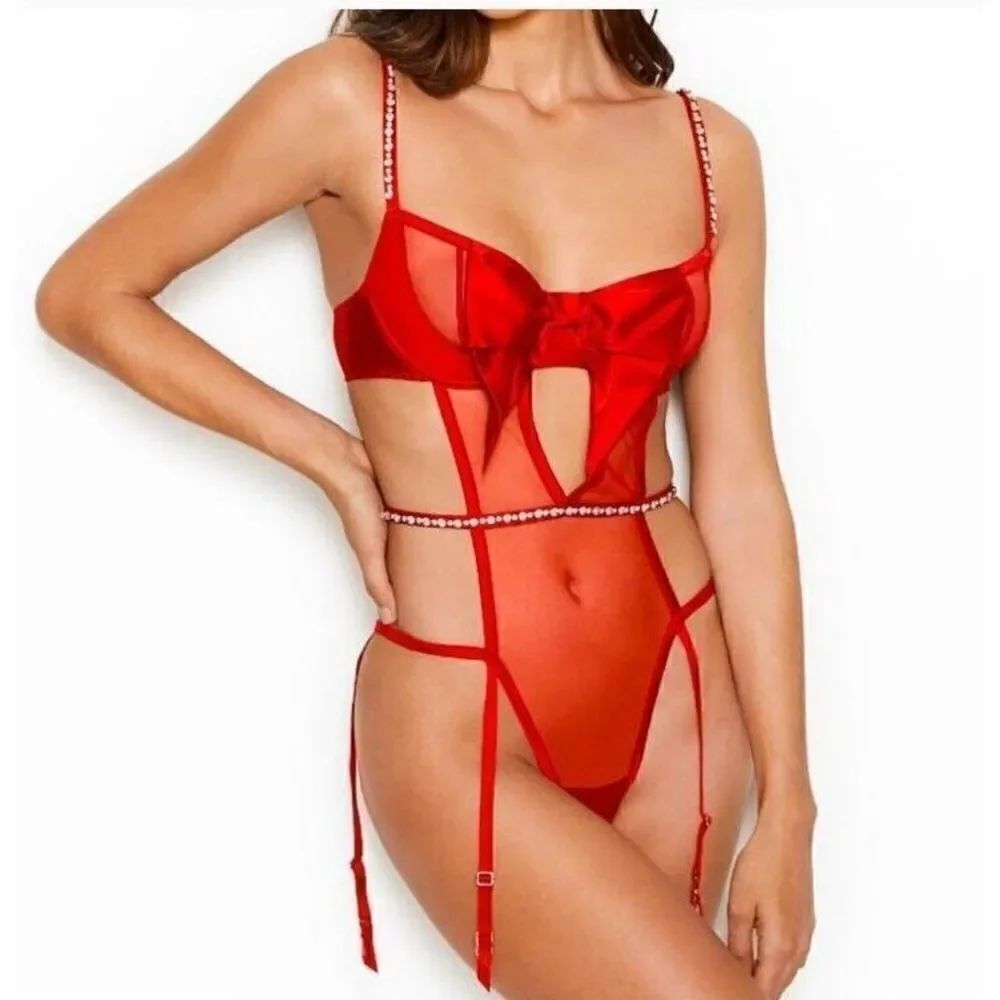 Victoria's Secret Wicked Unlined Balconette Satin Bow Teddy Size Small Red Boudo